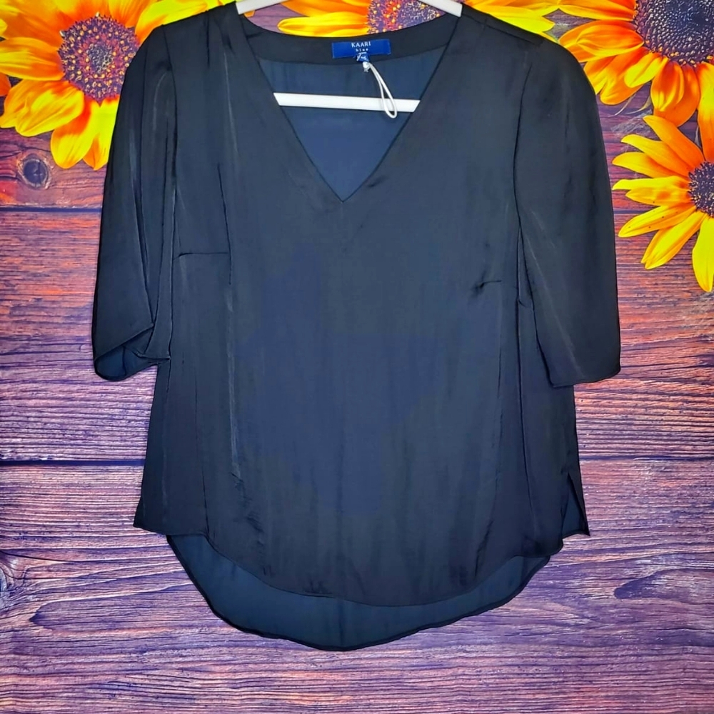 Kaari Blue Black Top Petite Small Basic Relaxed Casual Vneck Satined Shirt Women